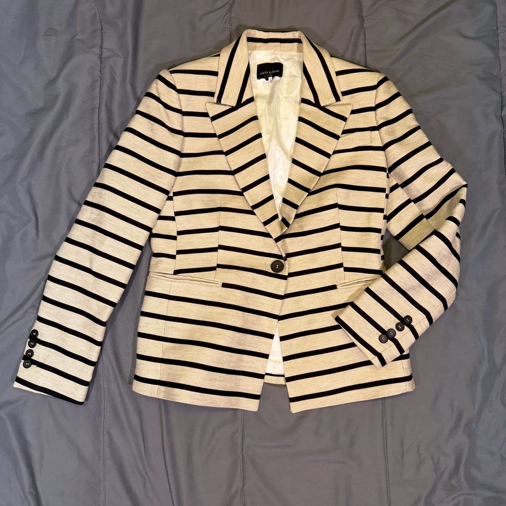 Judith & Charles Tan Striped Linen Cotton Nautical Blazer Jacket Size 8